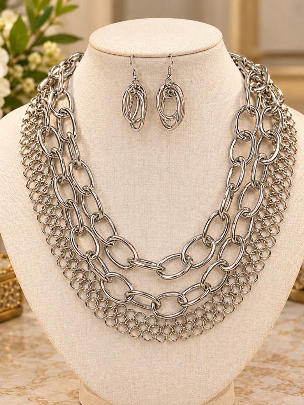Three Layers Silver Tone Link Necklace Earring